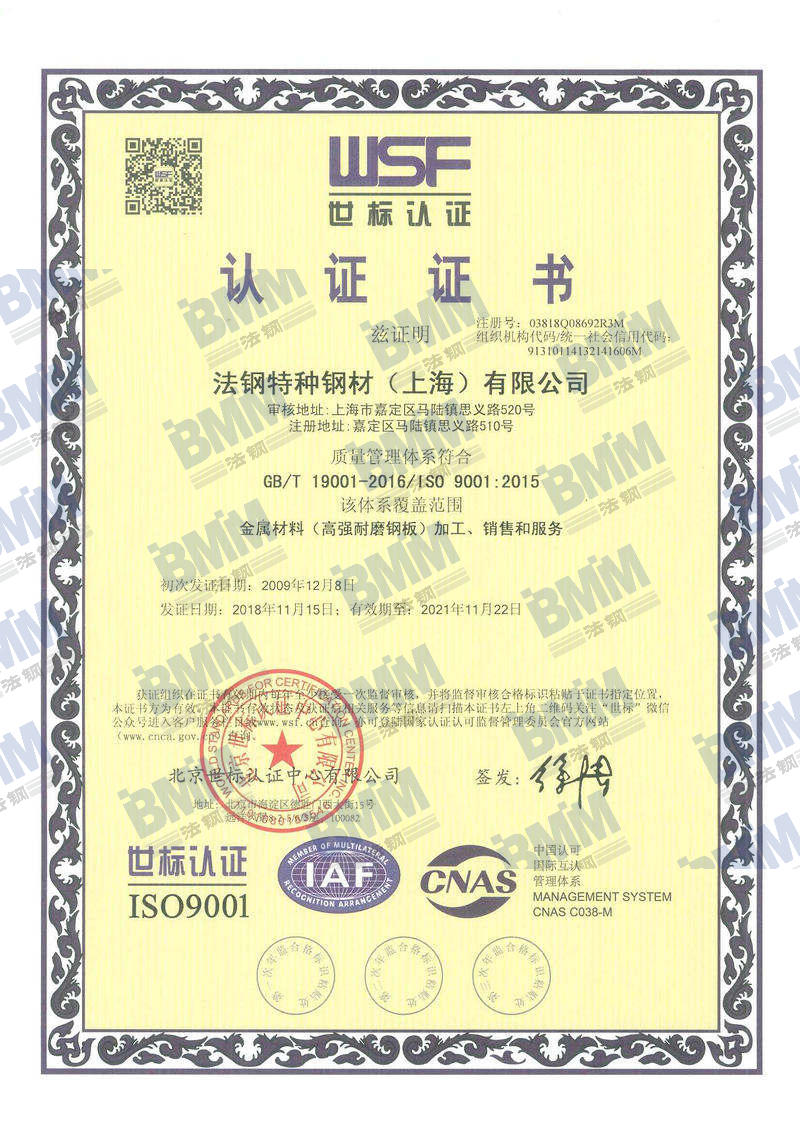 法钢公司年度审核iso9001管理体系证书